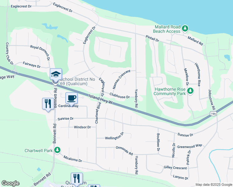 map of restaurants, bars, coffee shops, grocery stores, and more near 1167 Clubhouse Drive in Qualicum Beach