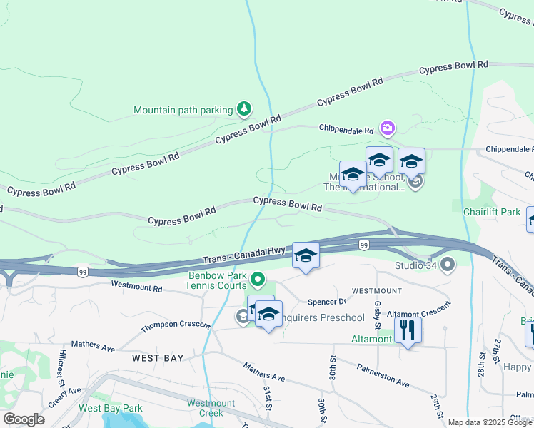 map of restaurants, bars, coffee shops, grocery stores, and more near 3105 Deer Ridge Drive in West Vancouver