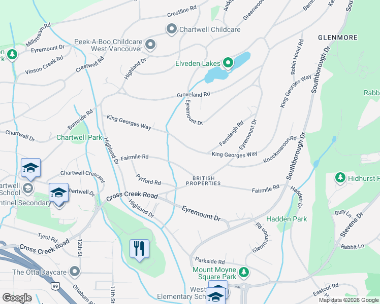map of restaurants, bars, coffee shops, grocery stores, and more near 870 King Georges Way in West Vancouver
