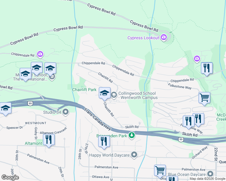 map of restaurants, bars, coffee shops, grocery stores, and more near 2419 Chairlift Road in West Vancouver