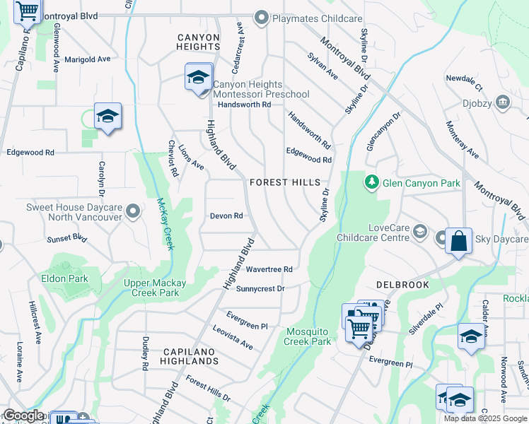 map of restaurants, bars, coffee shops, grocery stores, and more near 4221 Canterbury Crescent in North Vancouver