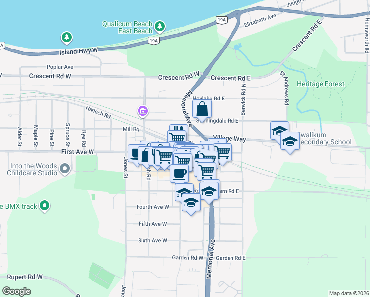 map of restaurants, bars, coffee shops, grocery stores, and more near 166 First Avenue West in Qualicum Beach