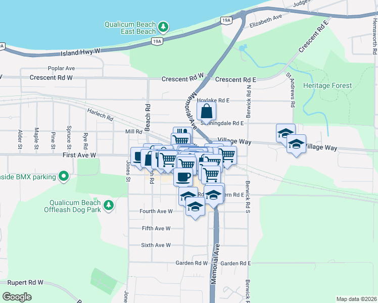 map of restaurants, bars, coffee shops, grocery stores, and more near 156 Harlech Road in Qualicum Beach