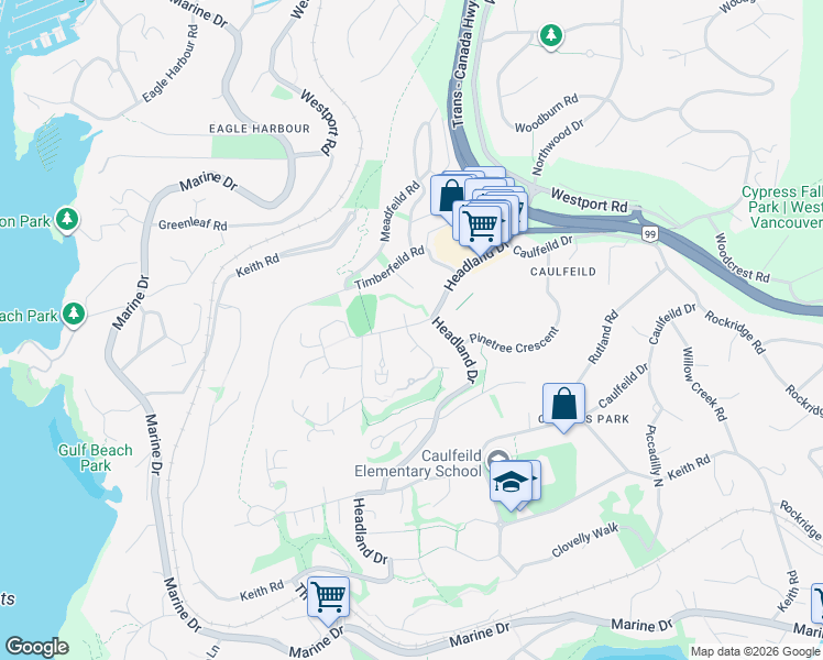 map of restaurants, bars, coffee shops, grocery stores, and more near 5110 Alderfeild Place in West Vancouver