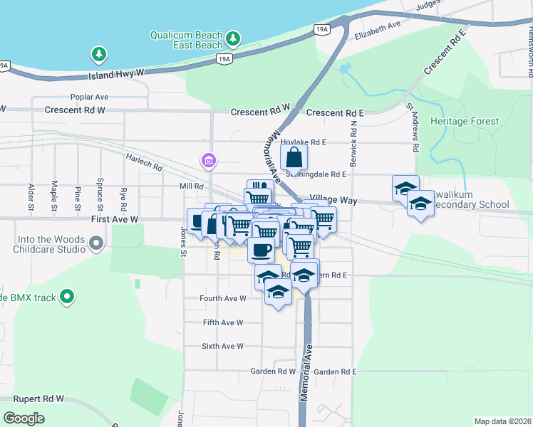 map of restaurants, bars, coffee shops, grocery stores, and more near 166 First Avenue West in Qualicum Beach