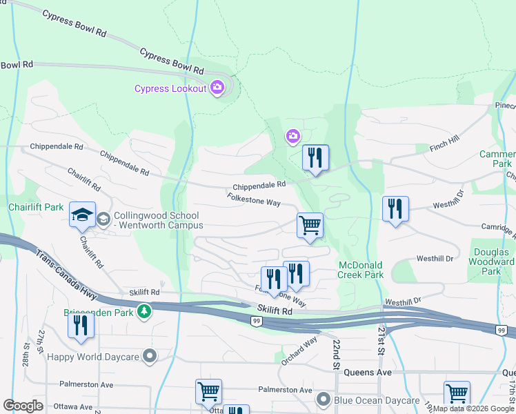 map of restaurants, bars, coffee shops, grocery stores, and more near 2673 Folkestone Way in West Vancouver