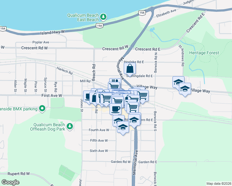 map of restaurants, bars, coffee shops, grocery stores, and more near Harlech Road in Qualicum Beach