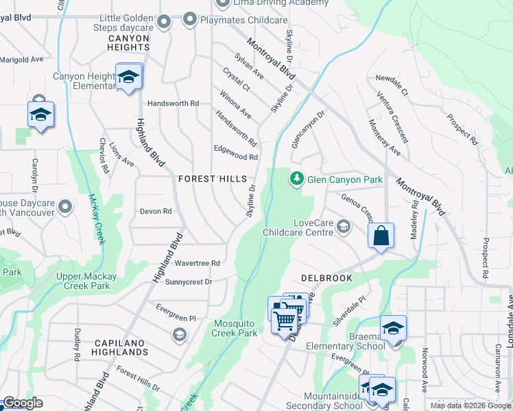 map of restaurants, bars, coffee shops, grocery stores, and more near 4228 Skyline Drive in North Vancouver