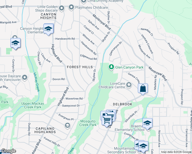 map of restaurants, bars, coffee shops, grocery stores, and more near 4228 Skyline Drive in North Vancouver