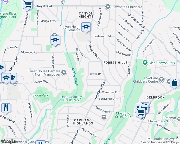 map of restaurants, bars, coffee shops, grocery stores, and more near 4230 Lions Avenue in North Vancouver