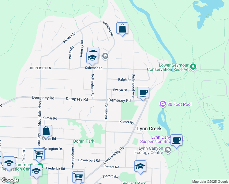 map of restaurants, bars, coffee shops, grocery stores, and more near 1635 Evelyn Street in North Vancouver