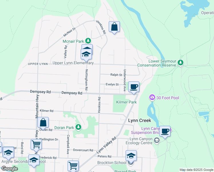 map of restaurants, bars, coffee shops, grocery stores, and more near 1635 Evelyn Street in North Vancouver