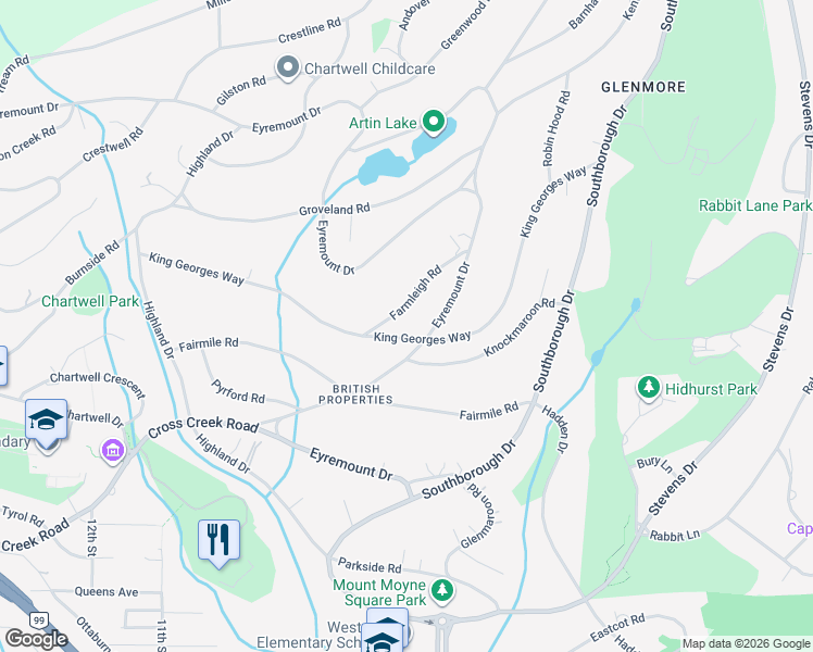 map of restaurants, bars, coffee shops, grocery stores, and more near 805 King Georges Way in West Vancouver