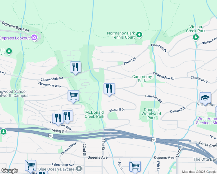 map of restaurants, bars, coffee shops, grocery stores, and more near 2523 Westhill Drive in West Vancouver