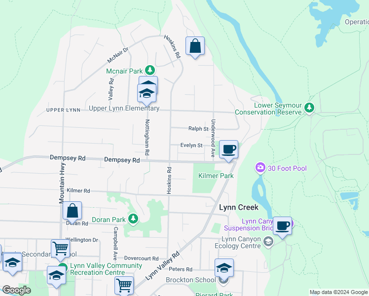 map of restaurants, bars, coffee shops, grocery stores, and more near 1637 Evelyn Street in North Vancouver