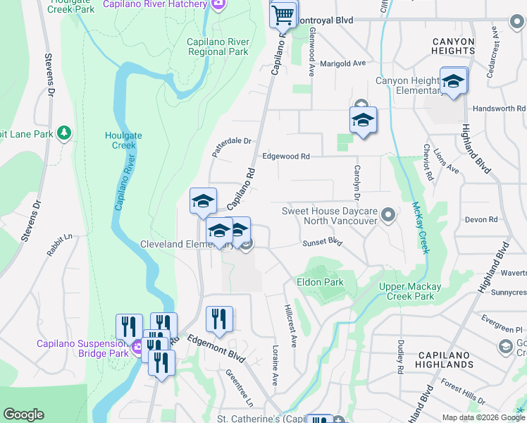 map of restaurants, bars, coffee shops, grocery stores, and more near 1197 Tall Tree Lane in North Vancouver