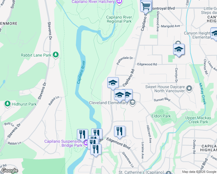 map of restaurants, bars, coffee shops, grocery stores, and more near 4233 Capilano Road in North Vancouver