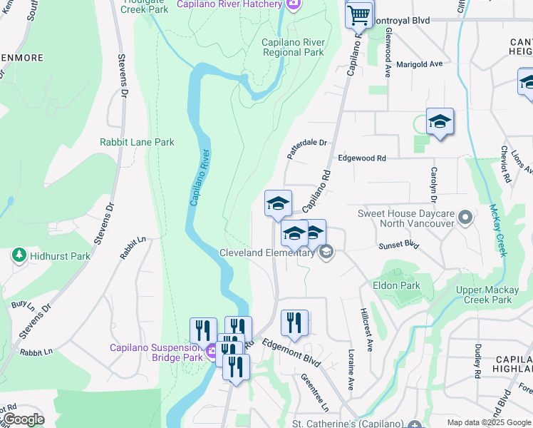 map of restaurants, bars, coffee shops, grocery stores, and more near 4233 Capilano Road in North Vancouver