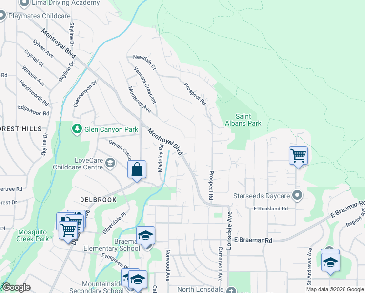 map of restaurants, bars, coffee shops, grocery stores, and more near 284 Montroyal Boulevard in North Vancouver