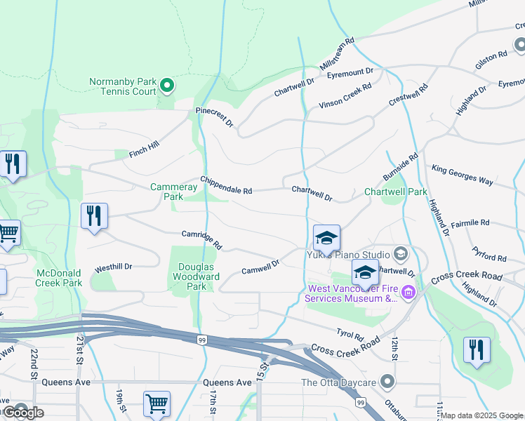 map of restaurants, bars, coffee shops, grocery stores, and more near 1359 Whitby Road in West Vancouver