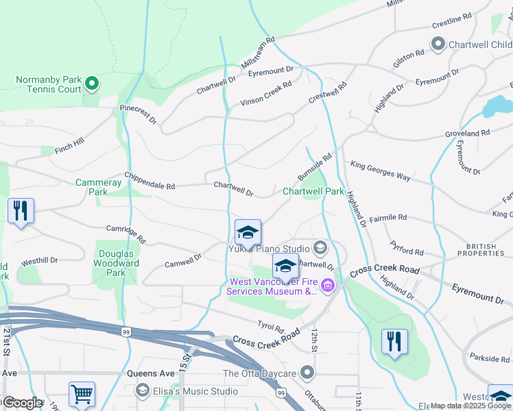 map of restaurants, bars, coffee shops, grocery stores, and more near Chartwell Drive in West Vancouver