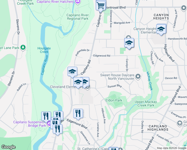 map of restaurants, bars, coffee shops, grocery stores, and more near 1197 Tall Tree Lane in North Vancouver