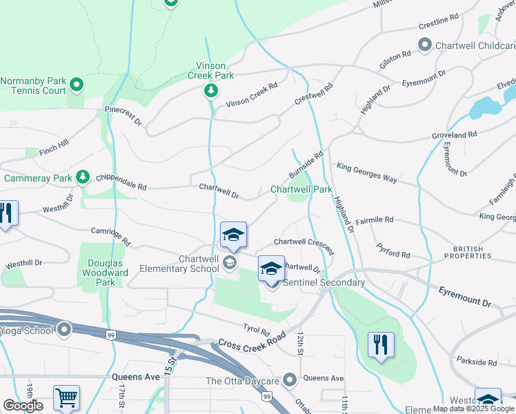 map of restaurants, bars, coffee shops, grocery stores, and more near 1364 Chartwell Drive in West Vancouver