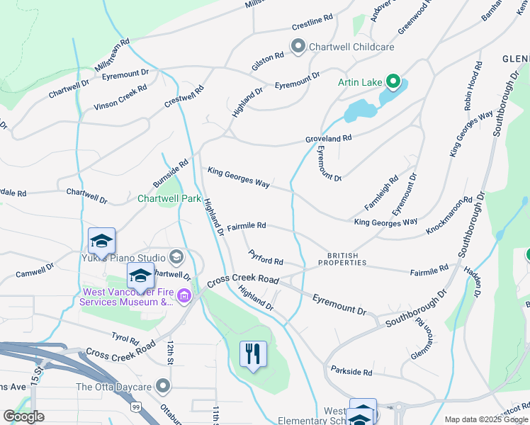 map of restaurants, bars, coffee shops, grocery stores, and more near 925 Fairmile Road in West Vancouver