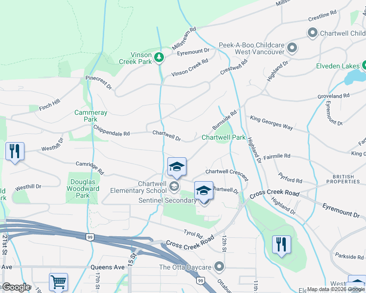 map of restaurants, bars, coffee shops, grocery stores, and more near Chartwell Drive in West Vancouver