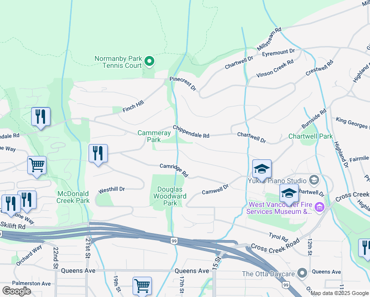 map of restaurants, bars, coffee shops, grocery stores, and more near 1365 Cammeray Road in West Vancouver