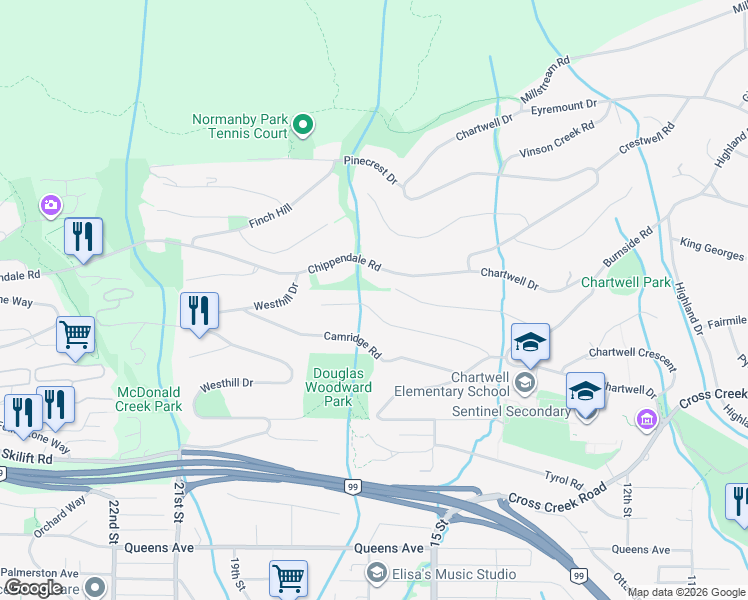map of restaurants, bars, coffee shops, grocery stores, and more near 1365 Cammeray Road in West Vancouver