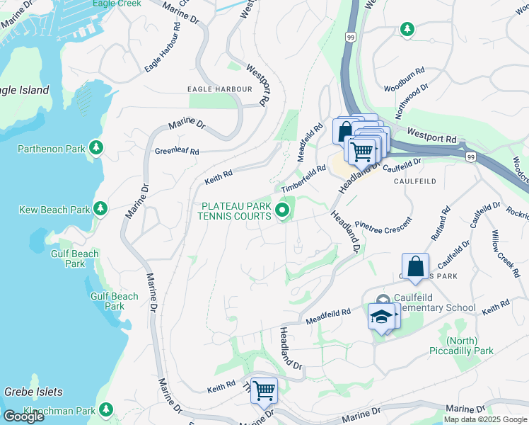 map of restaurants, bars, coffee shops, grocery stores, and more near 5343 Monte Bre Crescent in West Vancouver