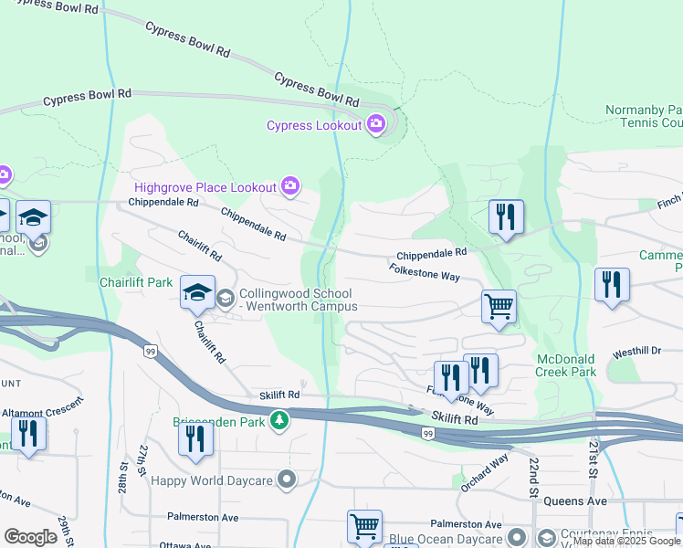 map of restaurants, bars, coffee shops, grocery stores, and more near 2495 Hudson Court in West Vancouver