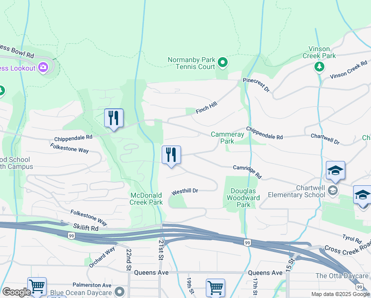 map of restaurants, bars, coffee shops, grocery stores, and more near Westhill Drive in West Vancouver