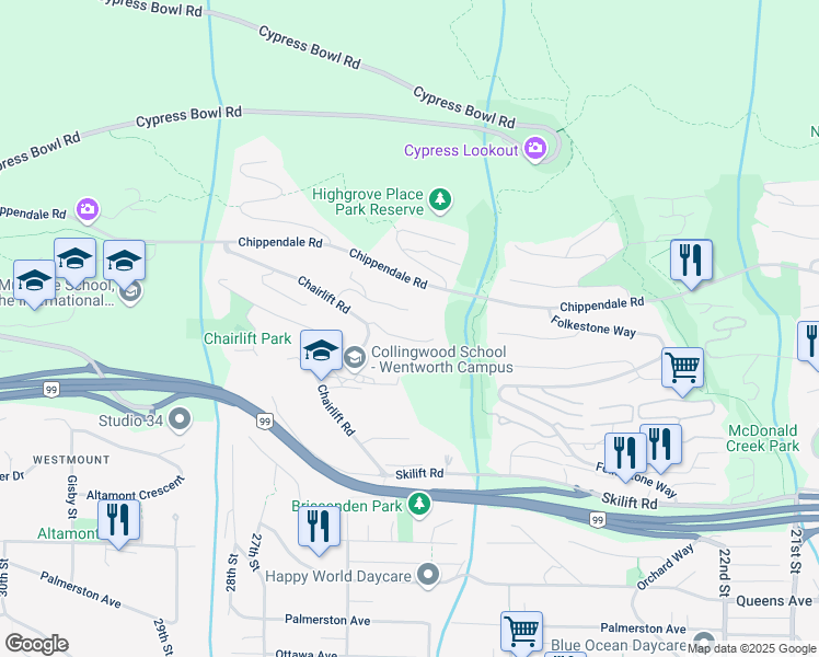 map of restaurants, bars, coffee shops, grocery stores, and more near 2523 Marr Creek Court in West Vancouver