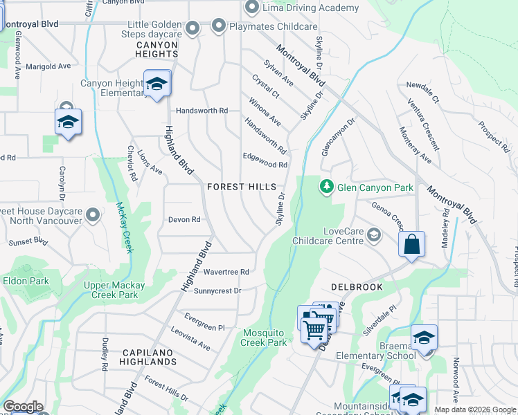 map of restaurants, bars, coffee shops, grocery stores, and more near 4275 Chelsea Crescent in North Vancouver
