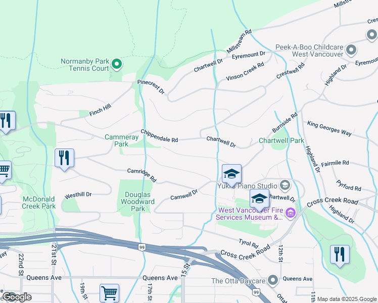map of restaurants, bars, coffee shops, grocery stores, and more near in West Vancouver