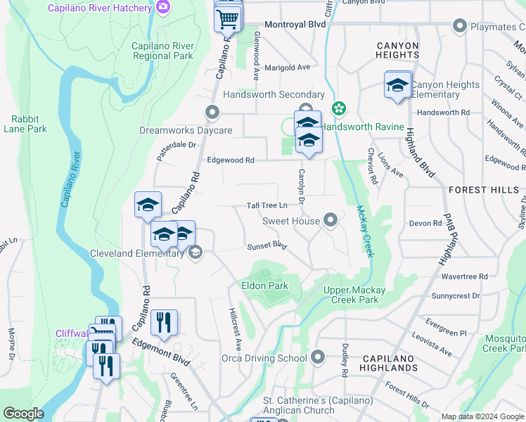map of restaurants, bars, coffee shops, grocery stores, and more near 4288 Pelly Road in North Vancouver
