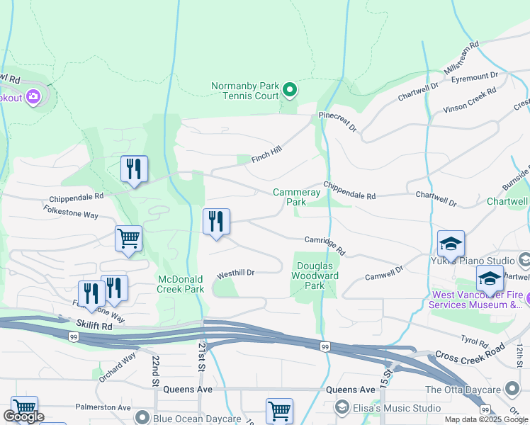 map of restaurants, bars, coffee shops, grocery stores, and more near 2555 Westhill Drive in West Vancouver