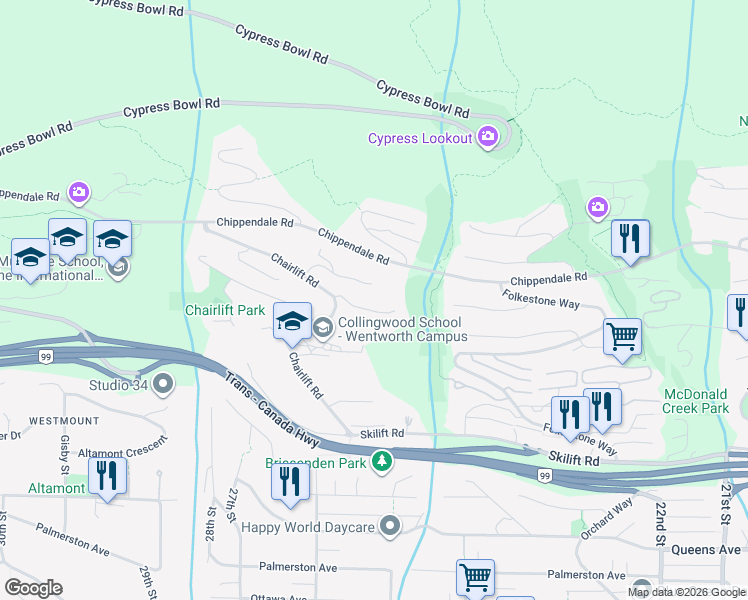 map of restaurants, bars, coffee shops, grocery stores, and more near 2523 Marr Creek Court in West Vancouver