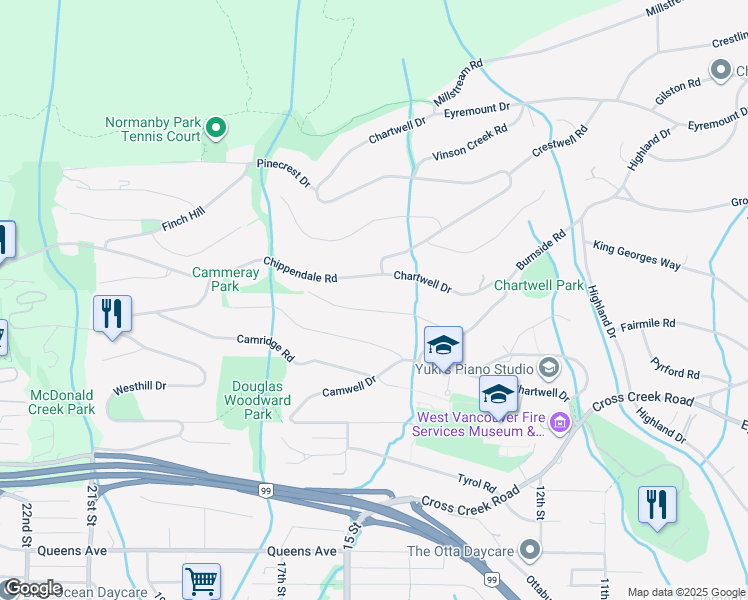 map of restaurants, bars, coffee shops, grocery stores, and more near 1355 Whitby Road in West Vancouver