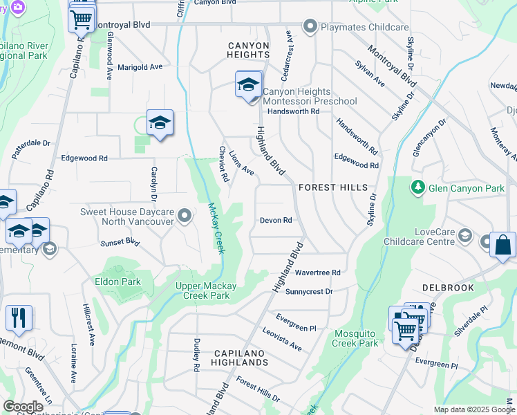 map of restaurants, bars, coffee shops, grocery stores, and more near 4262 Lions Avenue in North Vancouver