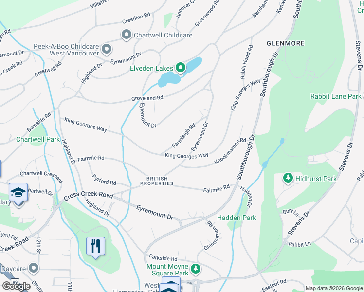 map of restaurants, bars, coffee shops, grocery stores, and more near 848 Eyremount Drive in West Vancouver