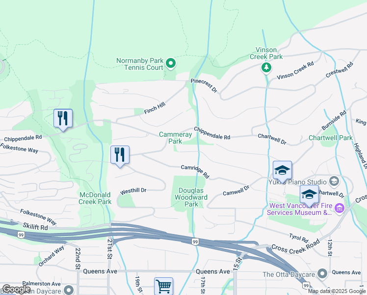 map of restaurants, bars, coffee shops, grocery stores, and more near 1383 Cammeray Road in West Vancouver