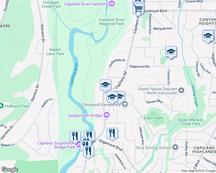 map of restaurants, bars, coffee shops, grocery stores, and more near 4283 Capilano Road in North Vancouver