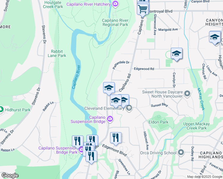 map of restaurants, bars, coffee shops, grocery stores, and more near 4283 Capilano Road in North Vancouver