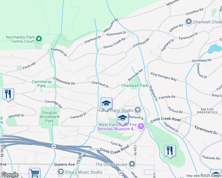 map of restaurants, bars, coffee shops, grocery stores, and more near 1378 Chartwell Drive in West Vancouver