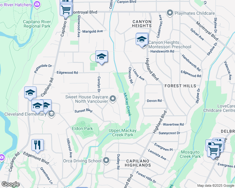 map of restaurants, bars, coffee shops, grocery stores, and more near 4132 Virginia Crescent in North Vancouver