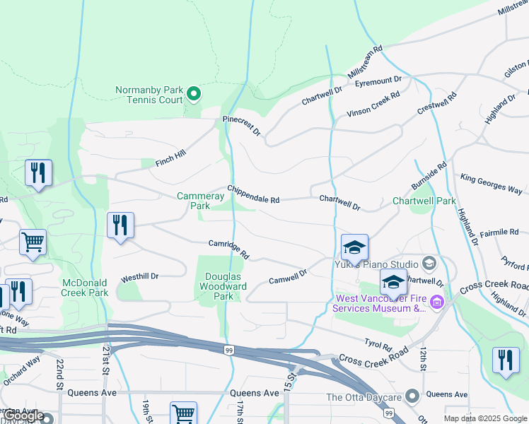 map of restaurants, bars, coffee shops, grocery stores, and more near 1365 Whitby Road in West Vancouver