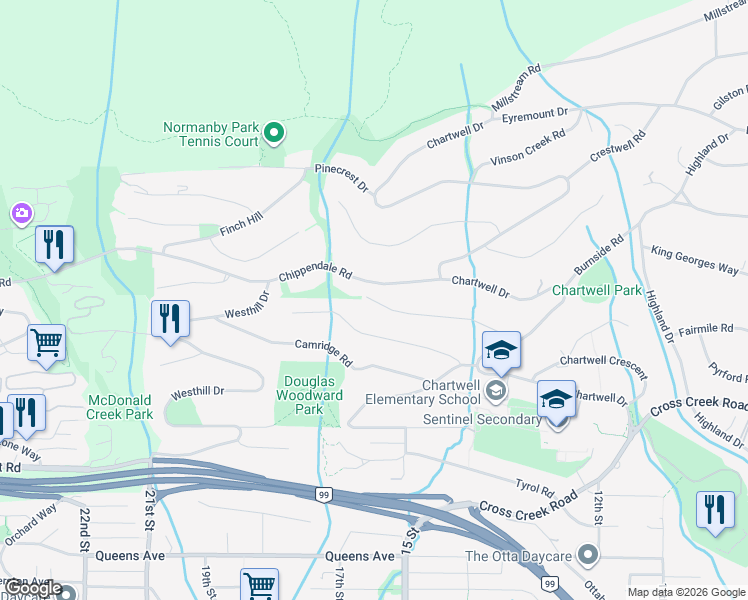 map of restaurants, bars, coffee shops, grocery stores, and more near 1364 Whitby Road in West Vancouver